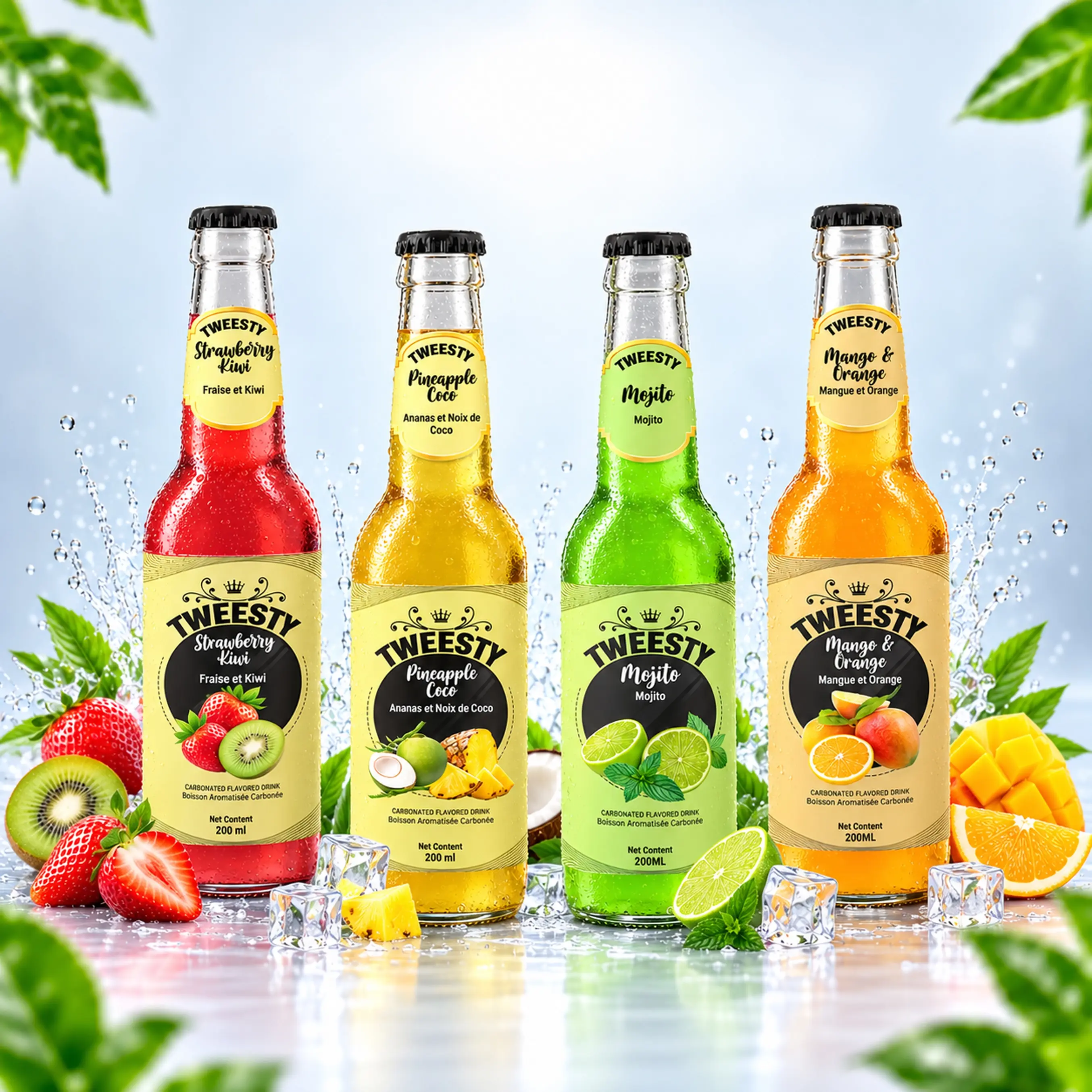 TWEESTY assorted carbonated flavoured drinks in Pomegranate, Mojito Strawberry, Mango Orange, Mojito, Strawberry Orange, Pineapple Coco and Mango Peach flavours, 200ml glass bottles.